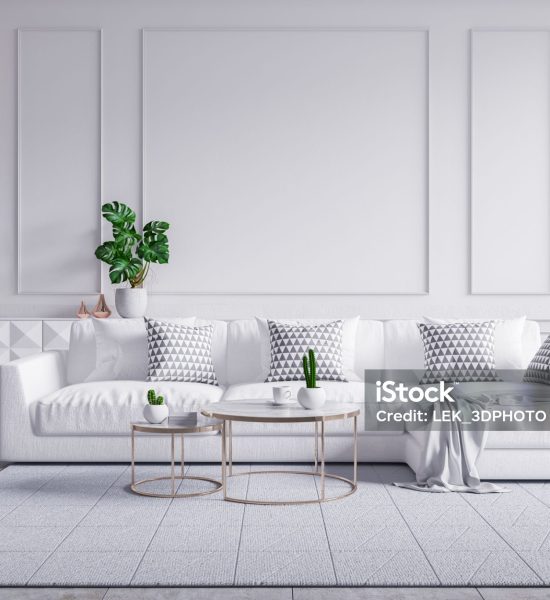 Modern interior of living room,white sofa with cofee table on carpet tiles and white wall,3d rendering